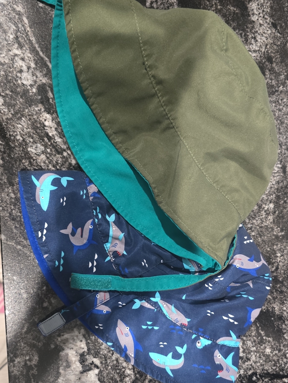 Reversible Kids Sun Hat with Shark Print - Olive & Navy
